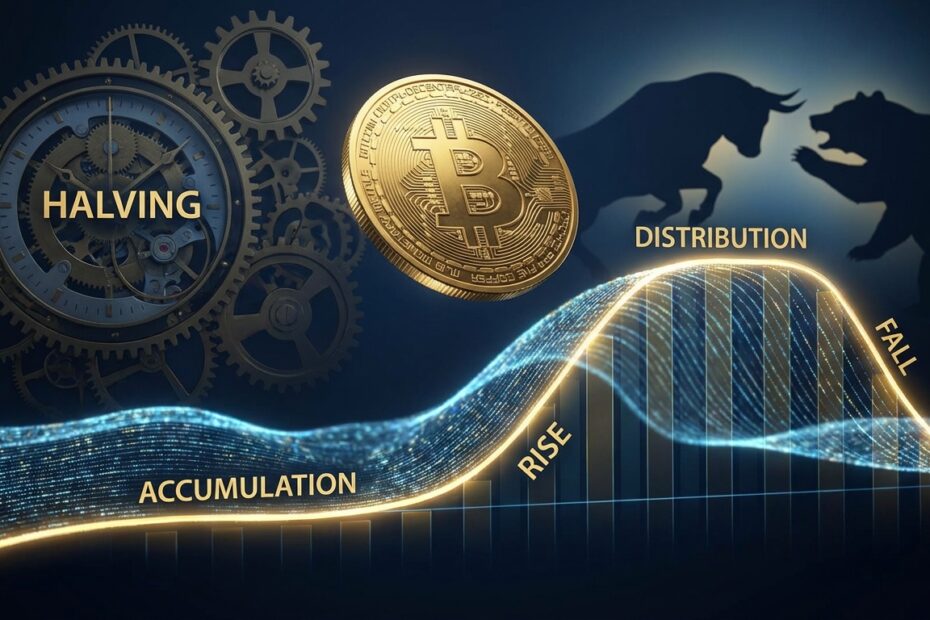Gráfico estilizado representando os ciclos de alta e baixa do Bitcoin e o halving