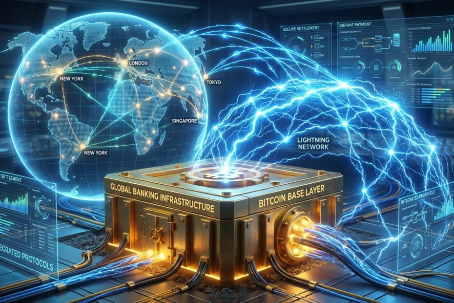 Ilustração futurista da rede Lightning Bitcoin conectando instituições bancárias globais