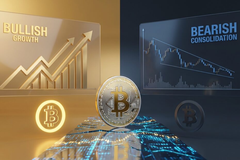 Gráfico 3D ilustrando cenários de alta e baixa para o futuro do Bitcoin