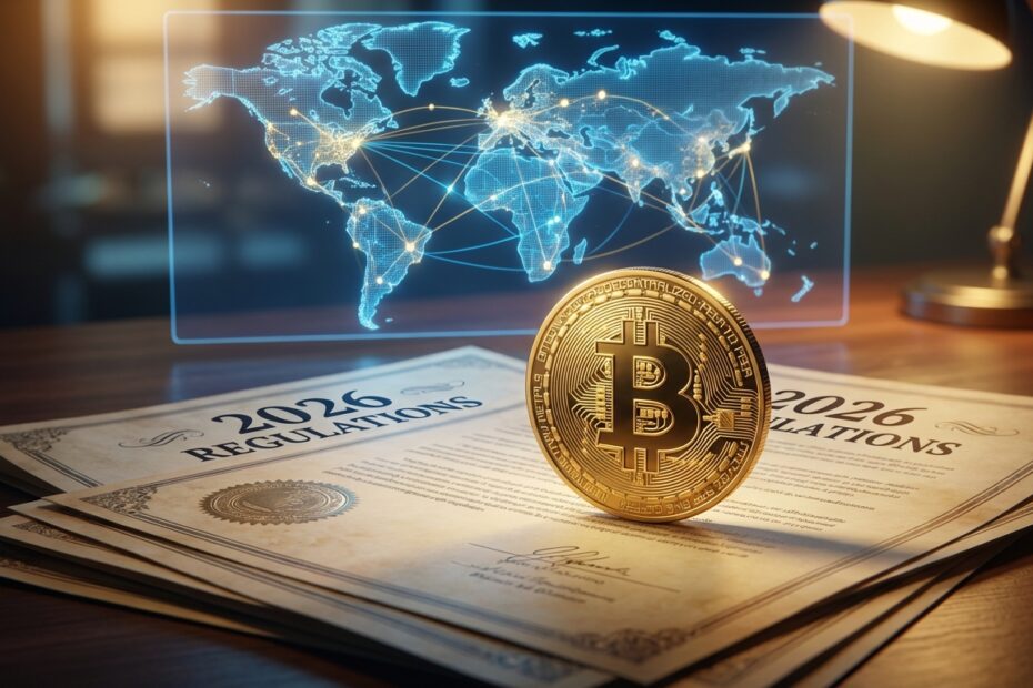 Bitcoin sobre base sólida de documentos regulatórios representando o mercado em 2026