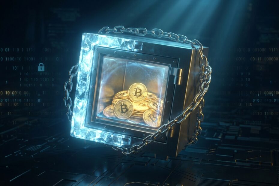 Cofre digital bloqueado representando a dificuldade de recuperar bitcoins perdidos