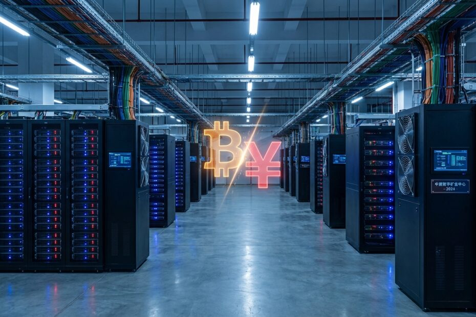 Instalação industrial de mineração de Bitcoin na China com servidores e luzes LED
