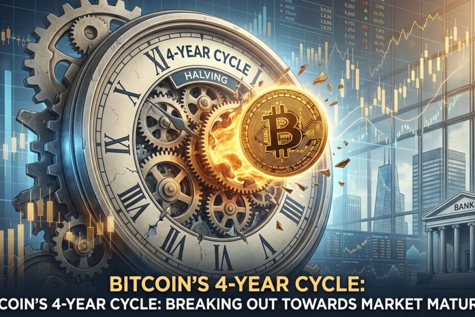Ilustração representando o rompimento do ciclo de 4 anos do Bitcoin com gráficos financeiros e elementos institucionais ao fundo.