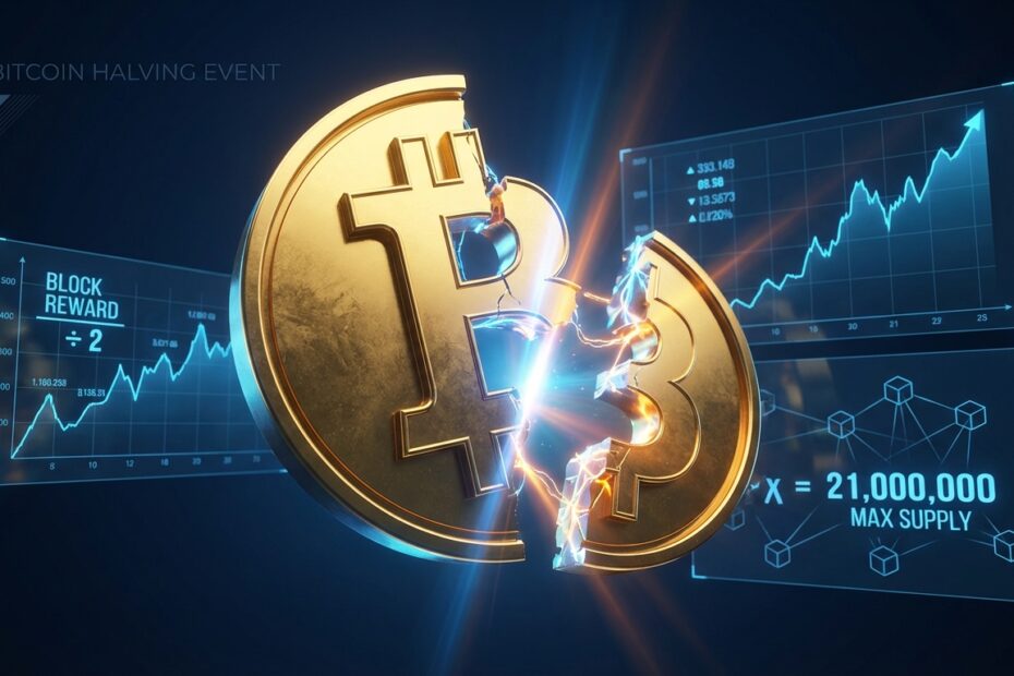 Ilustração 3D de um Bitcoin dourado passando pelo processo de halving com gráficos de valorização ao fundo