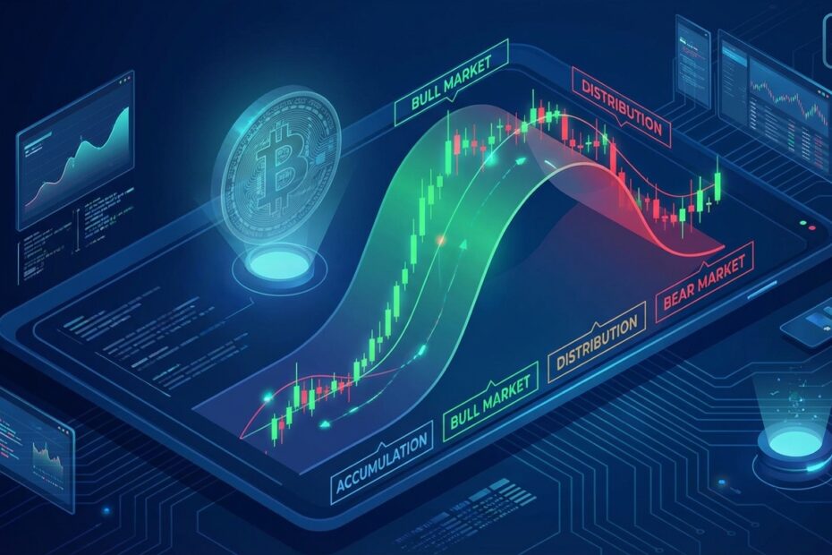 Gráfico ilustrativo das quatro fases dos ciclos de mercado do Bitcoin