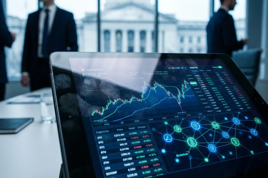 Tablet exibindo dados financeiros digitais e gráficos de blockchain em ambiente corporativo