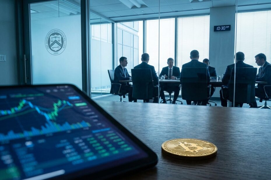 Representação de regulação financeira com gráficos digitais e moeda física em ambiente corporativo