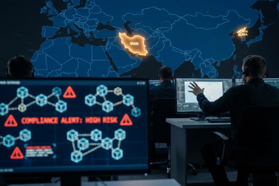 Gráfico de monitoramento financeiro em tela de computador com mapa mundi ao fundo destacando zonas de sanção