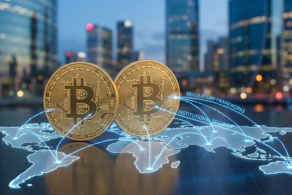 Ilustração 3D de um Bitcoin sobre mapa global conectado por linhas de segurança jurídica