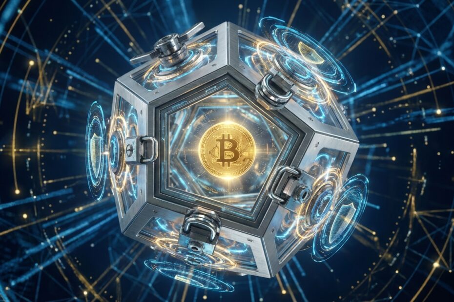 Cofre digital futurista protegendo Bitcoin com camadas de segurança cibernética