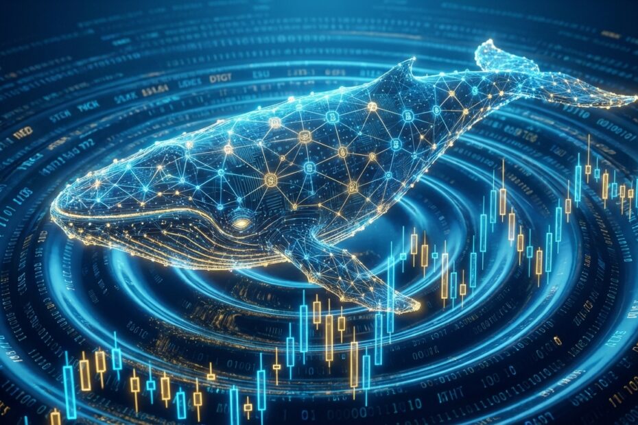 Ilustração abstrata de uma baleia de Bitcoin influenciando gráficos de mercado financeiro