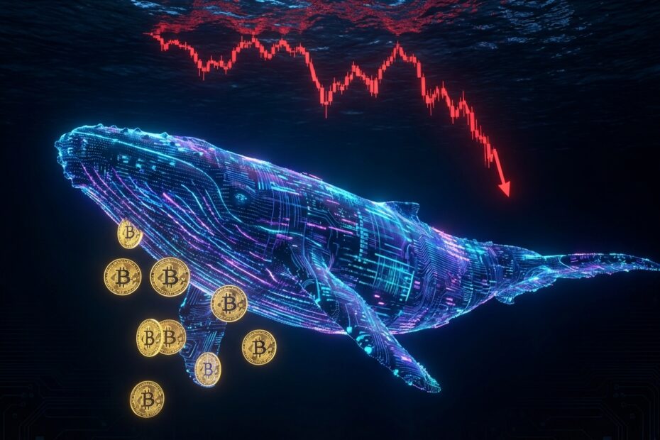 Ilustração de baleia de Bitcoin acumulando ativos sob gráfico de queda de mercado
