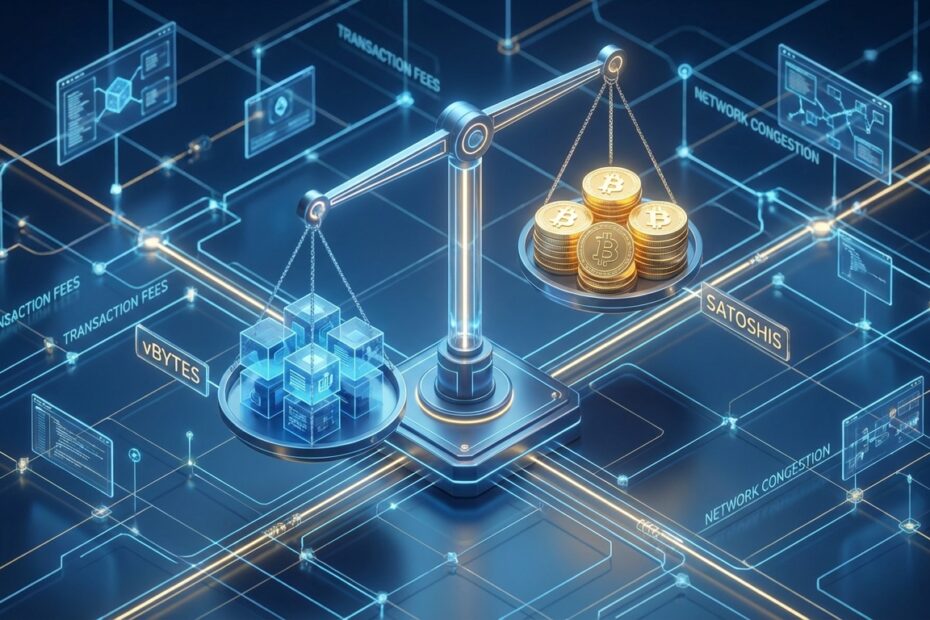 Ilustração 3D do cálculo de taxas de mineração Bitcoin equilibrando dados e satoshis