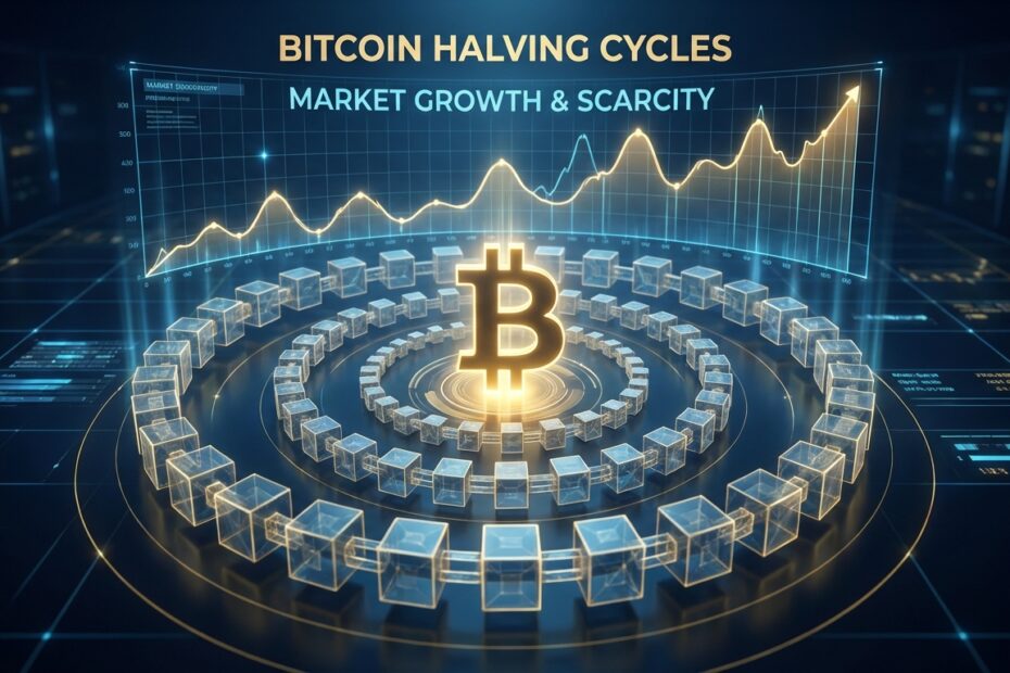 Ilustração digital 3D representando os ciclos de halving do Bitcoin com gráficos de valorização e blocos da blockchain.