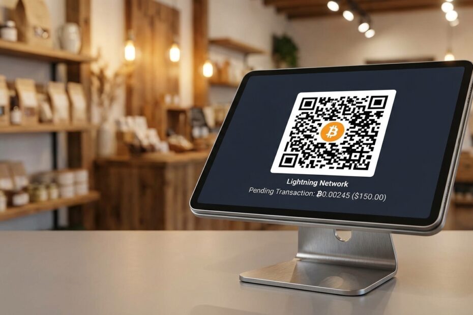 Tablet no ponto de venda exibindo QR Code para aceitar pagamentos via rede Lightning do Bitcoin