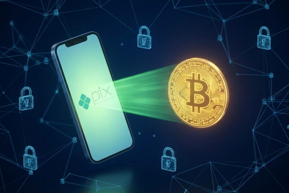 Smartphone realizando transação via Pix transformando saldo em moeda Bitcoin digital