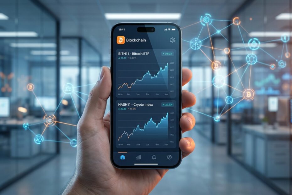 Interface de aplicativo de investimento exibindo gráficos de ETFs de Bitcoin e criptoativos na plataforma Rico.