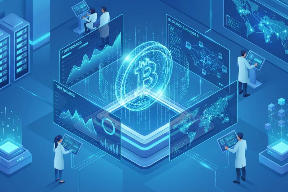 Ilustração digital futurista mostrando a estrutura de código e nós de blockchain na criação de uma criptomoeda.