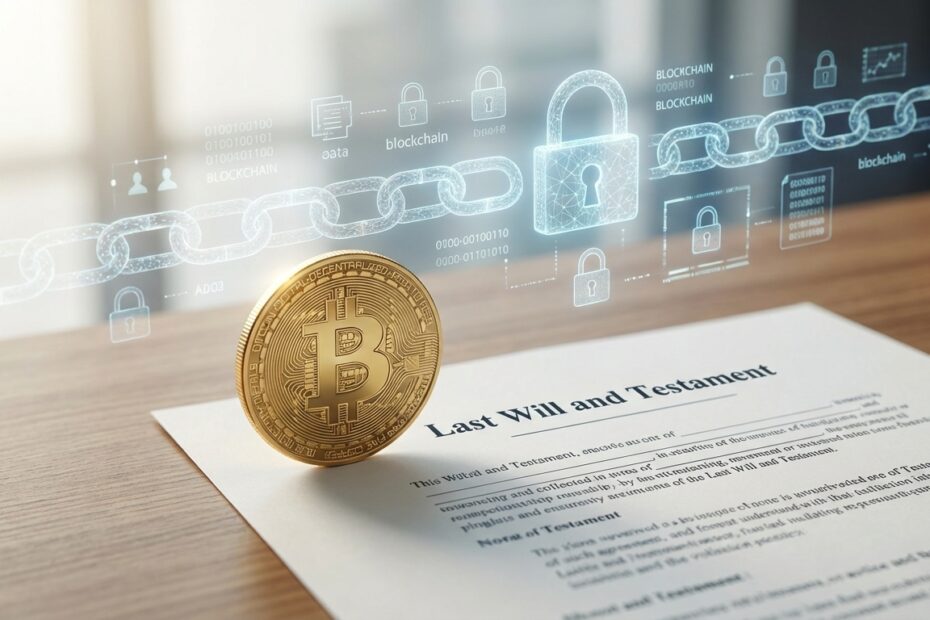 Moeda Bitcoin sobre documentos de testamento representando herança digital segura