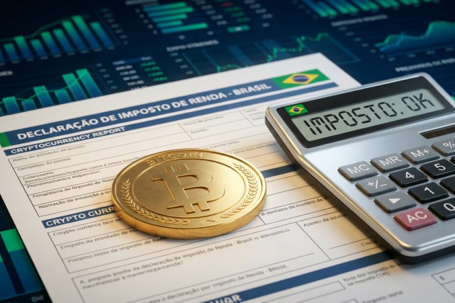 Ilustração de uma moeda Bitcoin sobre documentos de imposto de renda e uma calculadora