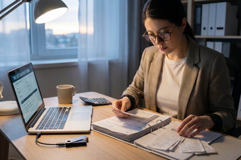 Investidor organizando documentos para declaração de auto custódia de Bitcoin com hardware wallet