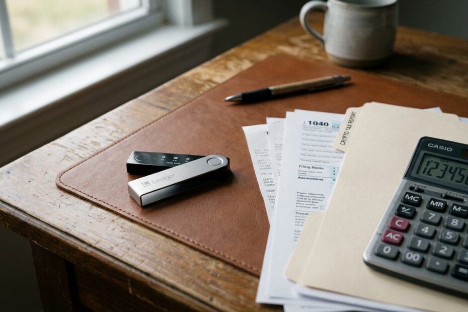 Carteira física de criptomoedas sobre documentos de imposto de renda para declaração de custódia própria