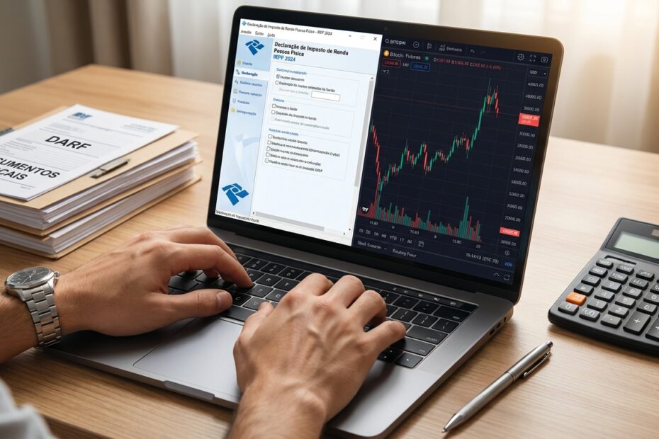 Laptop exibindo gráfico de Bitcoin futuros e documentos fiscais para declaração de imposto de renda
