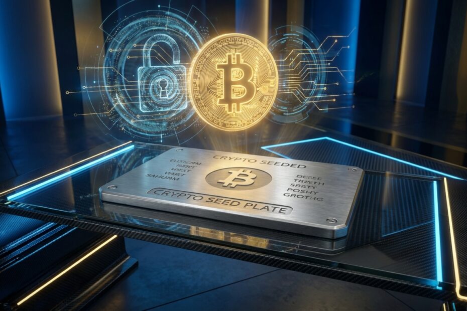 Placa de metal com frase de recuperação Bitcoin e cadeado digital holográfico representando segurança.