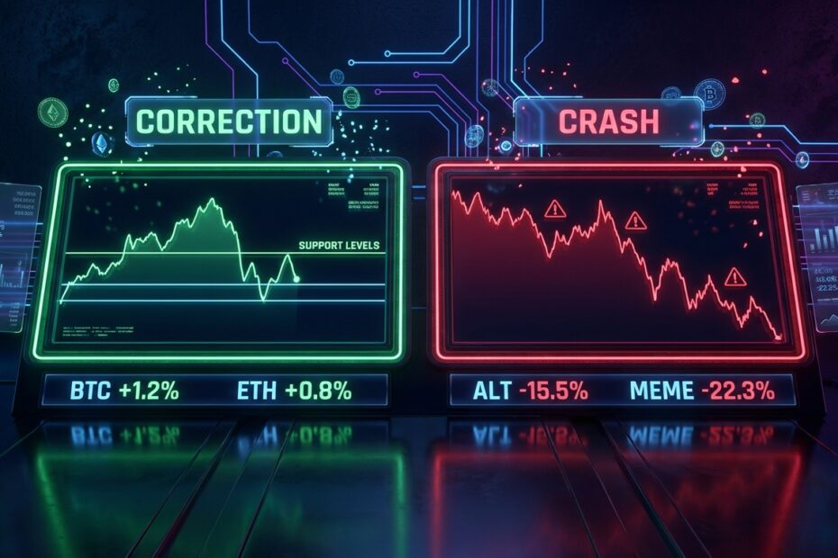 Gráfico comparativo digital mostrando a diferença visual entre uma correção de mercado e um crash do Bitcoin