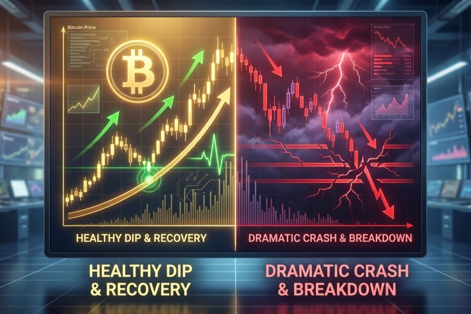 Comparação visual entre uma correção de mercado saudável e um crash no gráfico do Bitcoin