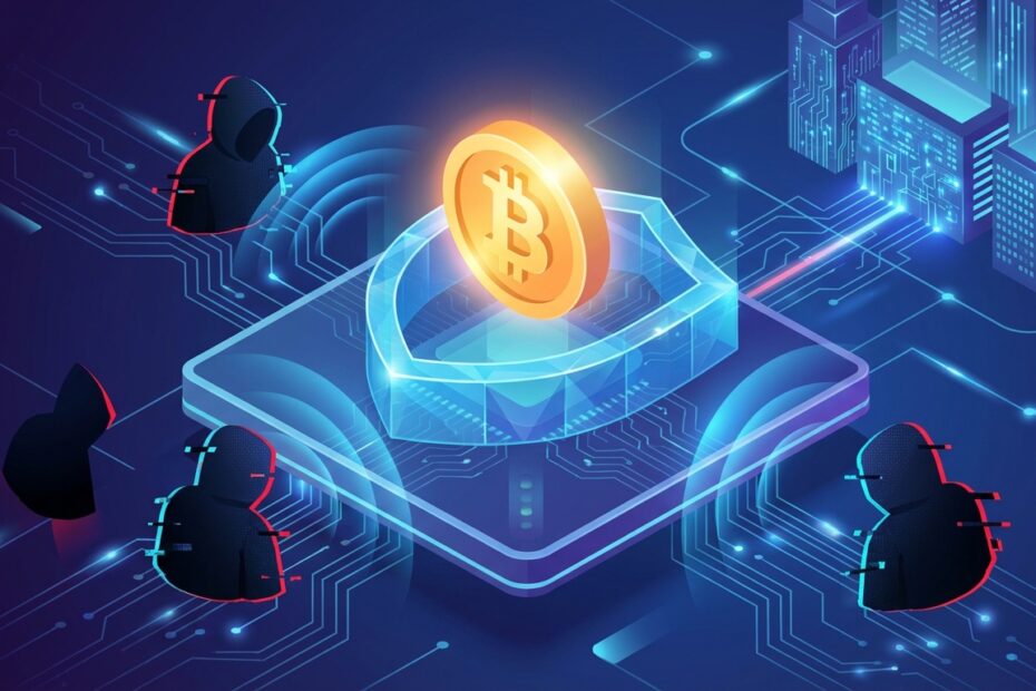 Escudo digital azul protegendo um símbolo de Bitcoin contra ameaças cibernéticas e tentativas de fraude