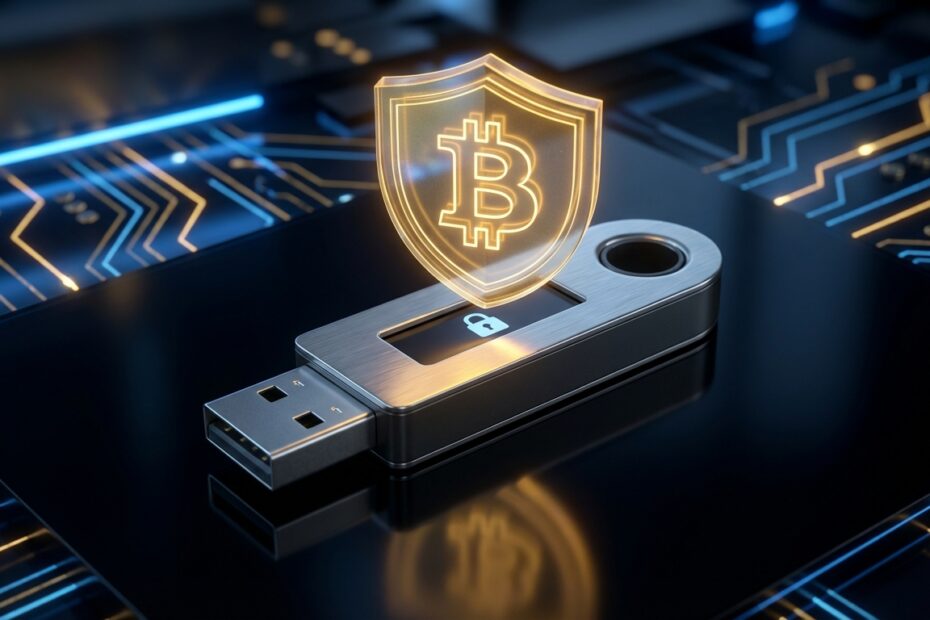 Carteira de hardware para autocustódia de Bitcoin protegida por um escudo digital brilhante
