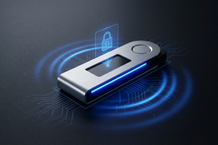 Dispositivo físico de Bitcoin hardware wallet com luzes de segurança digital