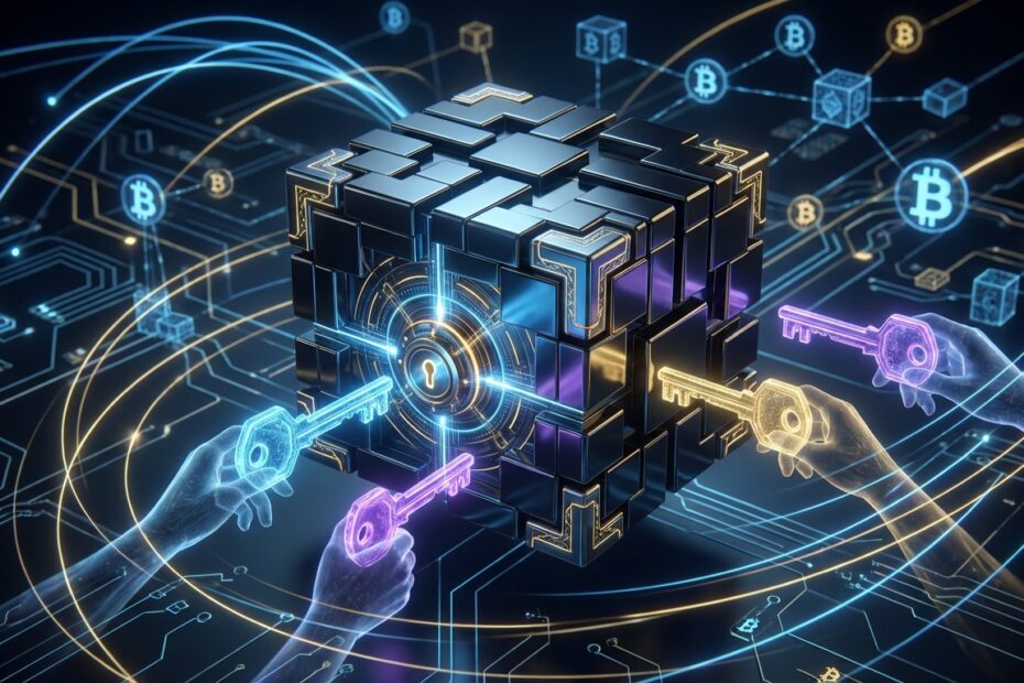 Ilustração 3D de um cofre digital com três chaves holográficas representando a tecnologia multisig