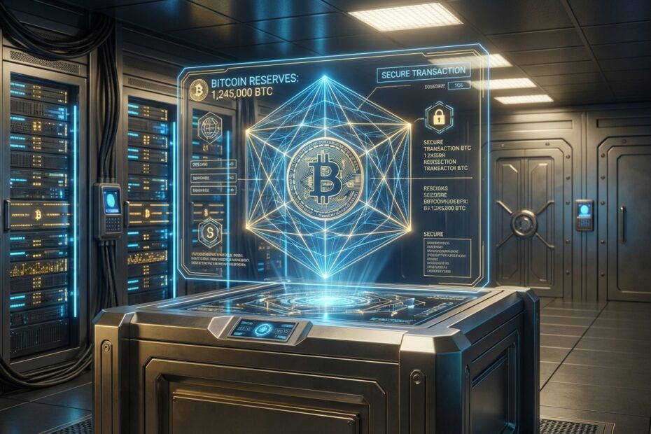 Cofre digital seguro representando a custódia de Bitcoin do fundo IBIT da BlackRock