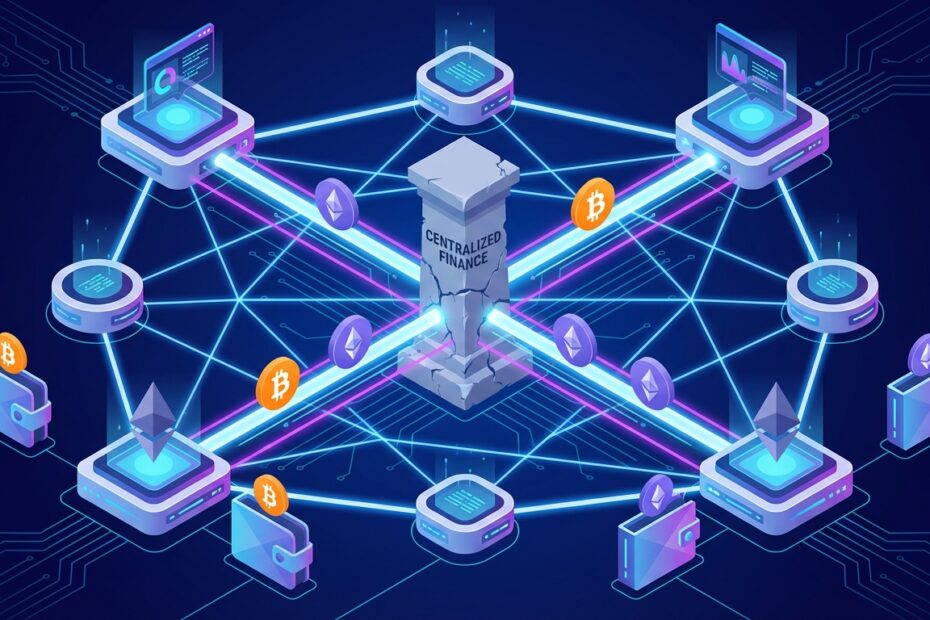 Ilustração 3D mostrando o funcionamento de uma exchange descentralizada (DEX) com conexões diretas entre usuários
