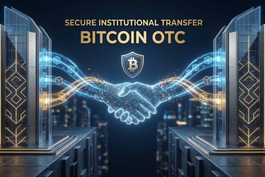 Ilustração 3D representando negociações seguras no mercado de Bitcoin OTC