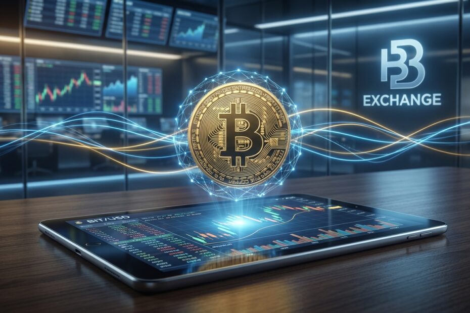 Gráficos de negociação de contratos futuros de Bitcoin em uma tela digital moderna com o símbolo do Bitcoin em destaque.