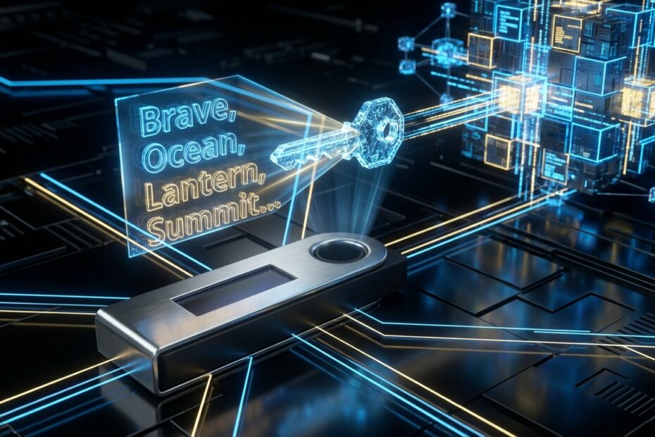 Hardware wallet projetando holograma de seed phrase conectada à blockchain