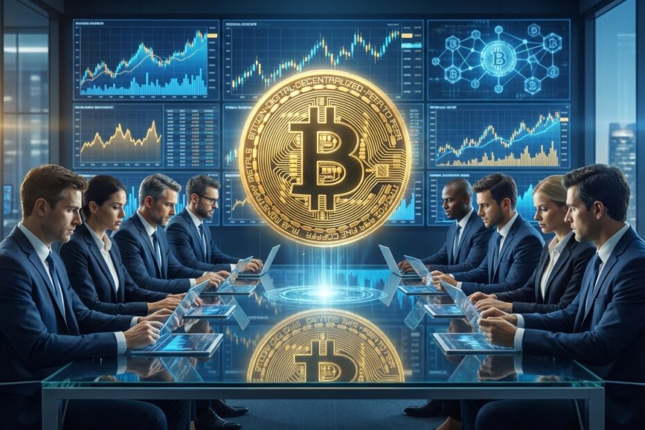 Executivos em reunião analisando gráficos de Bitcoin institucional em ambiente corporativo moderno