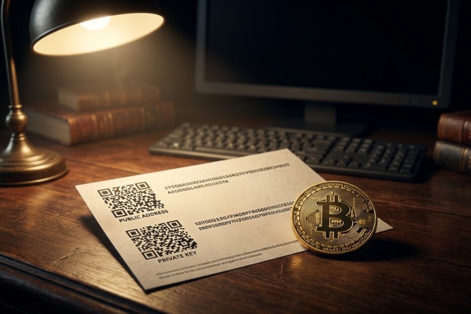 Carteira de papel Bitcoin com QR codes e chaves privadas sobre mesa de madeira