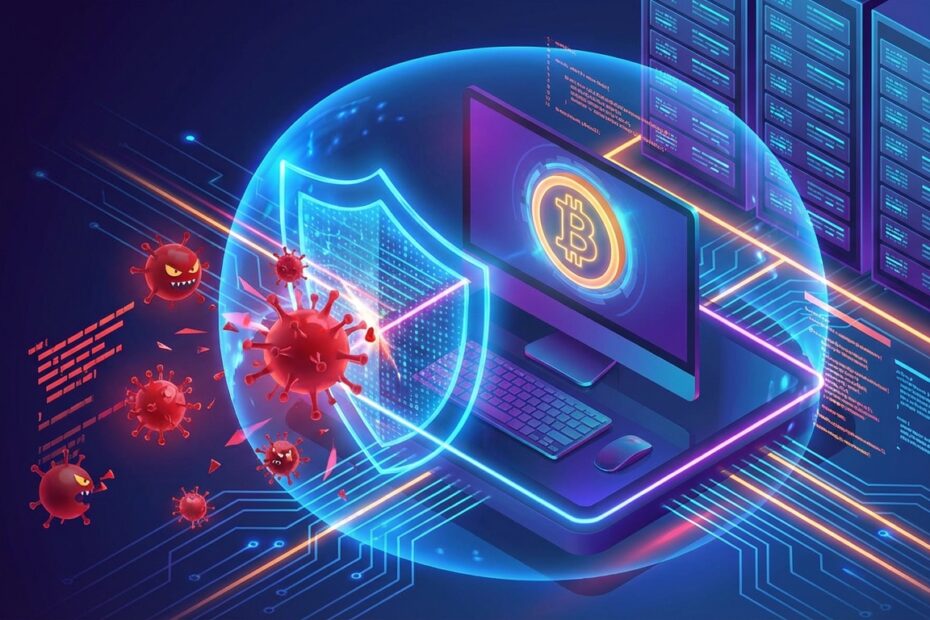 Computador desktop com símbolo do Bitcoin na tela protegido por escudo digital contra vírus.