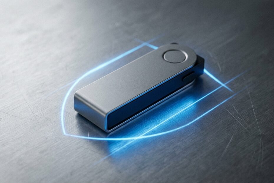 Carteira de hardware para Bitcoin sobre superfície metálica segura