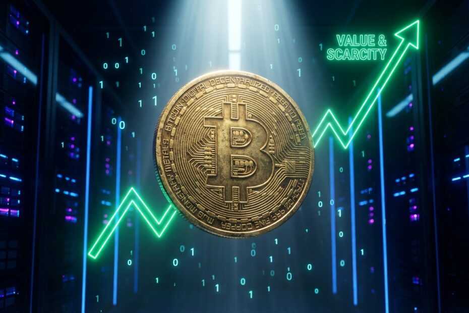 Ilustração 3D de um Bitcoin dourado com gráfico de alta neon ao fundo simbolizando novo ATH