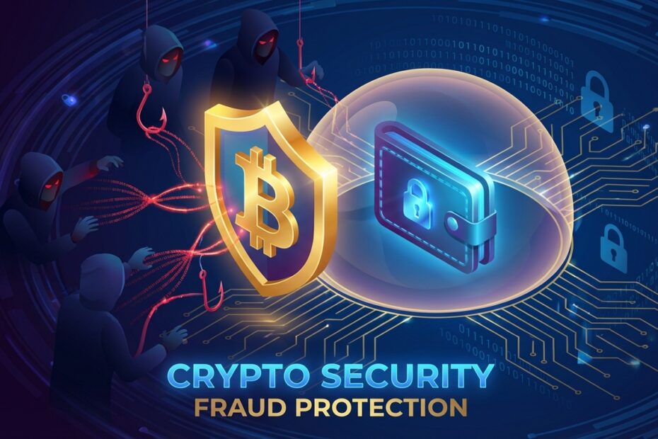 Ilustração 3D de um escudo protegendo Bitcoins contra phishing e golpes digitais