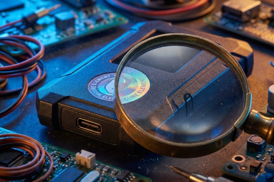 Inspeção detalhada de uma hardware wallet com lupa focando no selo de segurança holográfico