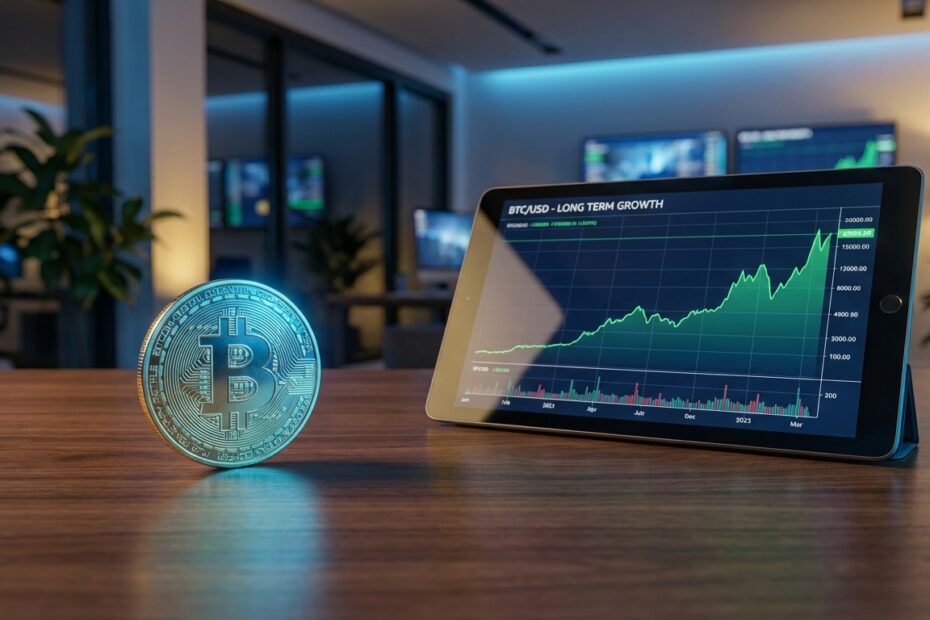 Moeda Bitcoin física sobre mesa de escritório com tablet exibindo gráficos de investimento de longo prazo