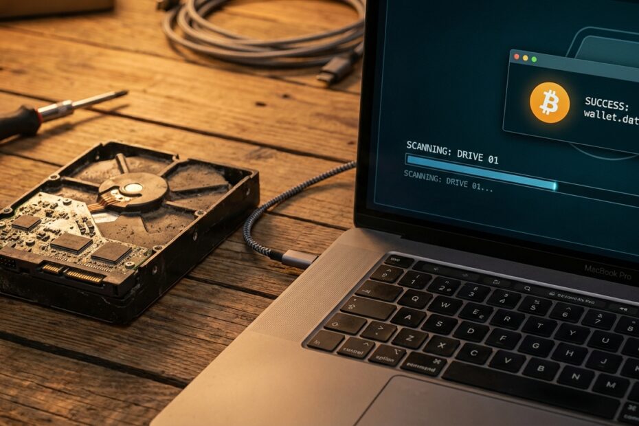 Disco rígido antigo conectado a um laptop moderno exibindo recuperação de carteira Bitcoin