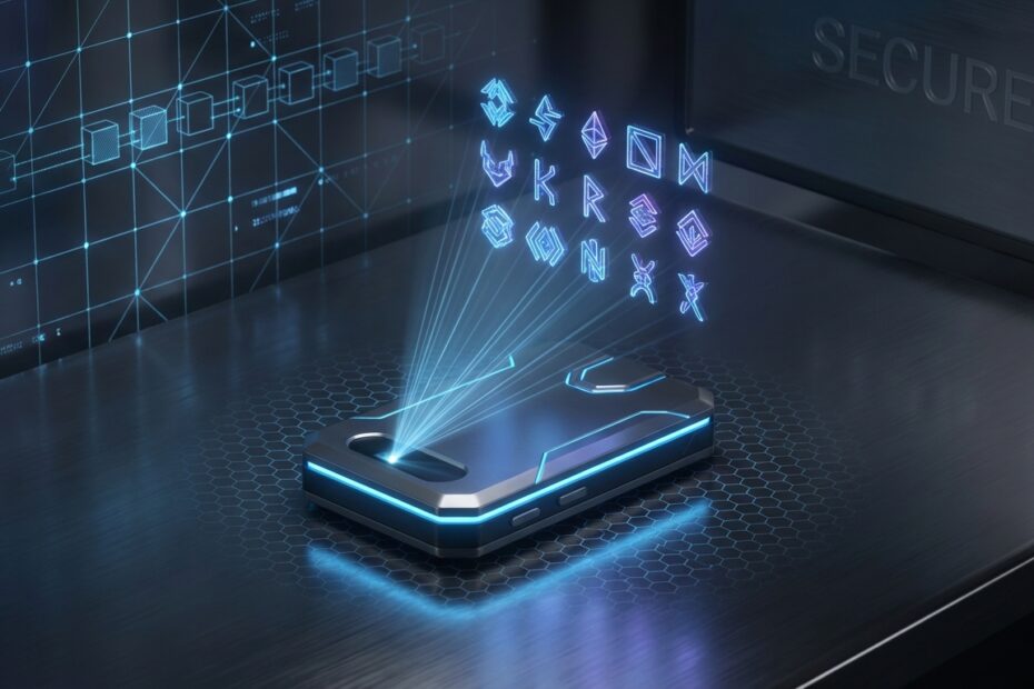 Hardware wallet segura realizando a importação de seed phrase com elementos visuais de criptografia