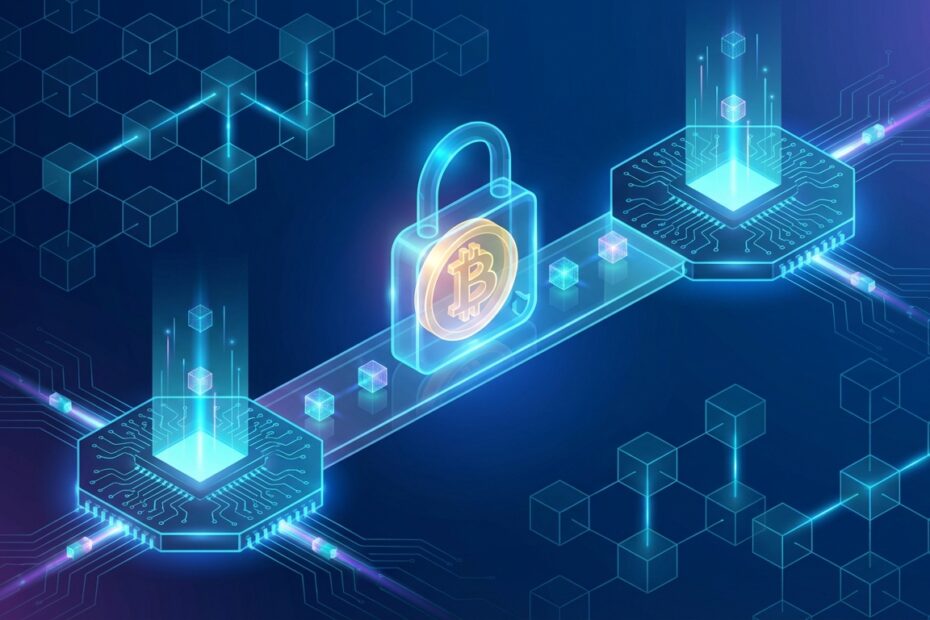 Ilustração 3D de uma transação de Bitcoin segura e protegida por criptografia na blockchain